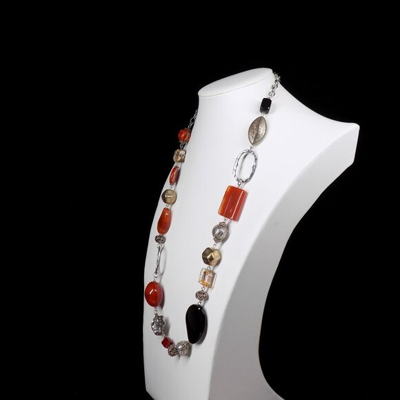 Premier Designs Long Necklace Black Orange Carnelian Agate Gemstone Silver-tone - Picture 11 of 13
